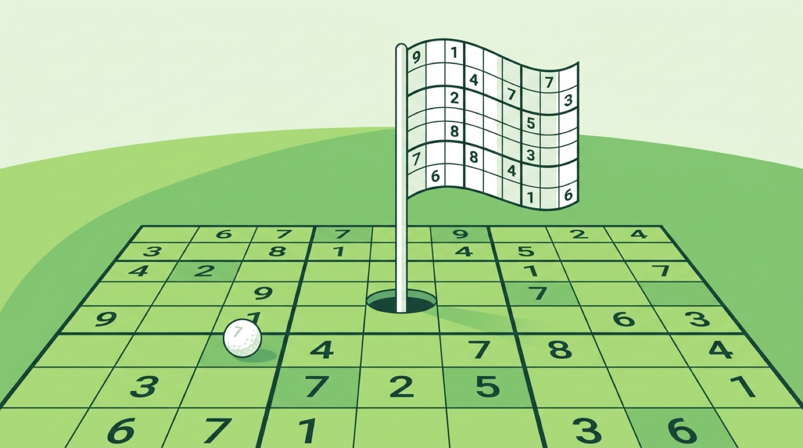 A putting green where the flag marks a giant sudoku scoreboard